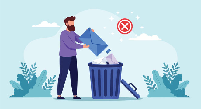Illustration of a bearded man discarding envelopes into a trash can, with a red cross symbolizing deletion. Background features clouds and foliage.