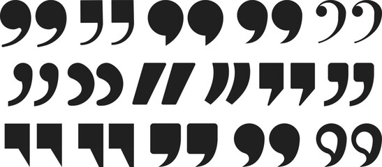 Stylish quotation marks vector collection with multiple shapes and forms. Simple black punctuation icons perfect for quotes, text layouts, editorial content, and modern visual communication.