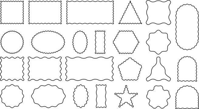 Collection of hand drawn wavy frames and abstract borders in black outline. Decorative shapes including rectangles, circles, ovals, stars, and labels.