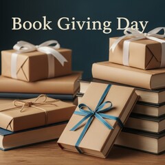 Wrapped books stacked on wooden table for book giving day with brown paper and ribbons