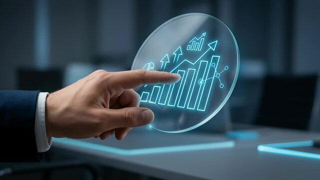 Businessman analyzing stock market charts with bullish trend and digital financial graph for economic trading success showing growth strategy on screen display