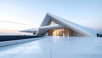 Fototapeta premium “Futuristic white architectural building with flowing curves, sculptural columns, and curved glass facade against clear blue sky with distant mountains”