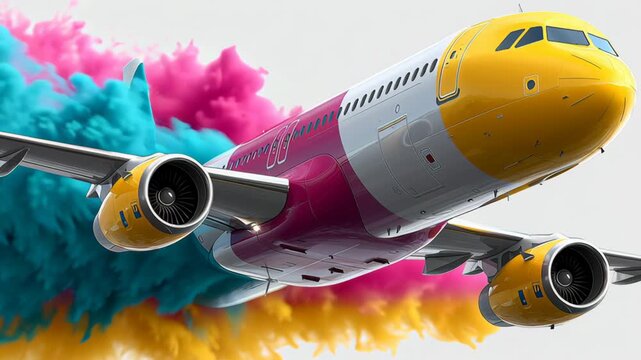Colorful airplane with vibrant smoke trails in pink and blue hues takes off against a light background, showcasing dynamic motion and vivid visual effects in the sky