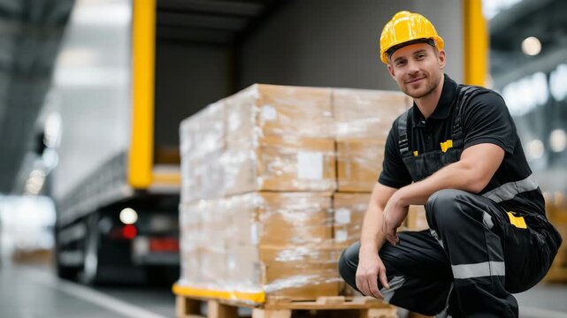 Industrial stock photo style, worker crouched by pallets, ratchet strap taut across boxes, truck bed partially visible, steel warehouse structure and concrete floor in soft focus