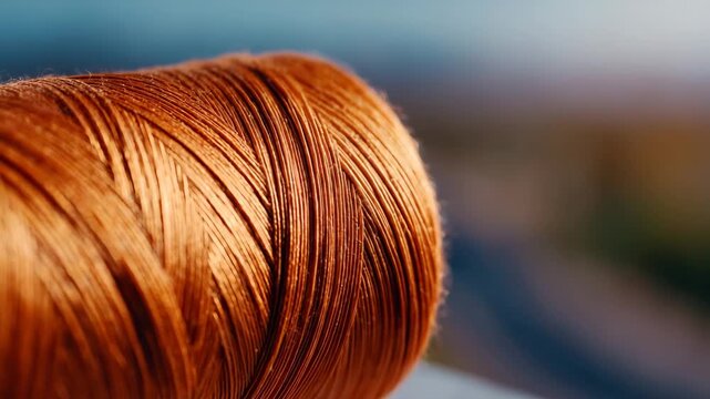 Low-angle close-up, orange thread spool angled to emphasize the winding pattern, fibers and sheen highlighted by soft directional lighting, subtle gradient background
