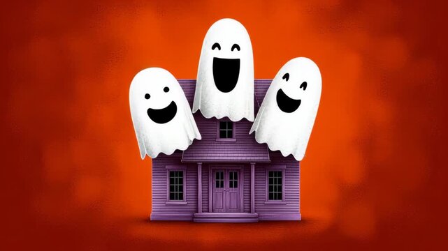 Three cheerful cartoon ghosts float above a purple house with a bright orange background, showcasing a playful Halloween theme with smiling faces and whimsical design elements