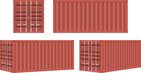 Red shipping container vector illustration set shown from multiple angles. Isolated on white background. Ideal for logistics, transportation, cargo, supply chain, export and import concepts.