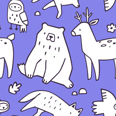Sketch doodle animals pattern. Scribble seamless vector print with drawn animals.