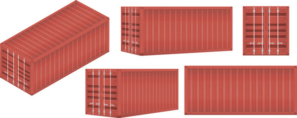 Set of red cargo shipping containers displayed from different angles. Clean flat vector illustration isolated on white, perfect for logistics platforms, web design, infographics and industrial