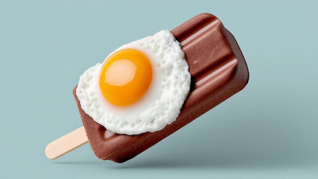 Chocolate ice cream popsicle with a fried egg on top, positioned at various angles against a light blue background, showcasing its unique and playful dessert design