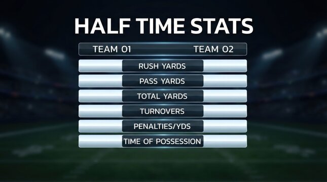 Half time sports statistics scoreboard,blank table layout for football or basketball game,team performance indicators with dark stadium background,editable template