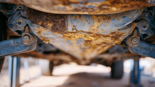 Low-angle view beneath an aging car, heavily rusted exhaust pipe running along the undercarriage, bolts and brackets corroded, garage floor softly lit in background