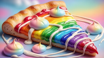 Fototapeta premium Gourmet rainbow dessert pizza slice decorated with pastel meringue dollops and white chocolate drizzle