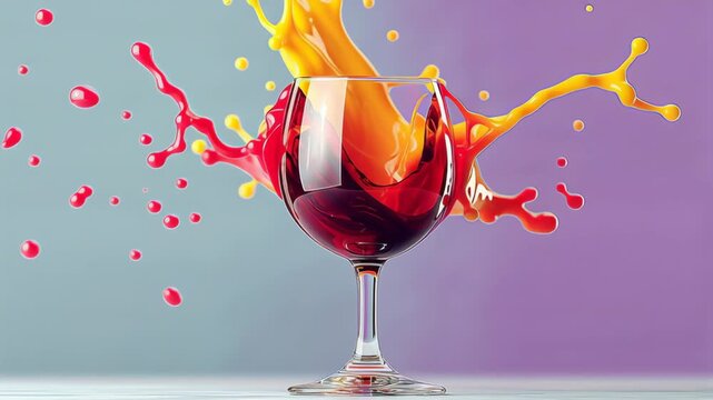Colorful liquid splashes from a glass filled with red liquid, creating dynamic patterns of red and yellow against a soft gradient background in a visually striking composition
