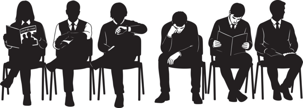 Black Solid Office Waiting Room Silhouettes Set of Six on White Background