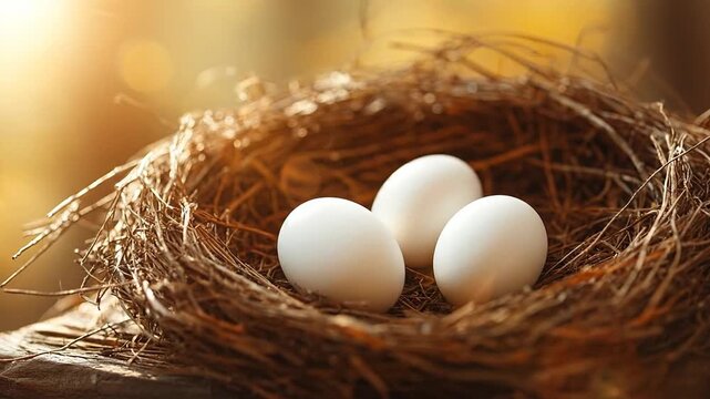 A serene nest with three white eggs surrounded by natural twigs.