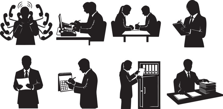 Black Solid Secretary Work Silhouettes Set of Six on White Background
