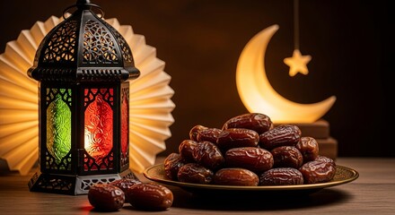 Ramadan lantern with colorful stained glass and dates on a plate crescent moon and star in the background warm lighting festive islamic holiday setting