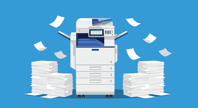Illustration of a busy copier emitting pages, with large stacks of paper on both sides against a blue background, conveying high productivity.