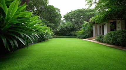 Obraz premium Lush Green Lawn Surrounded by Vibrant Plants and Elegant Architecture in a Tranquil Outdoor Space Ideal for Relaxation and Recreation