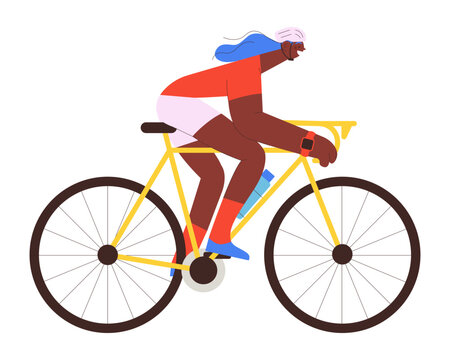 Female cyclist riding bicycle wearing helmet and sport watch outdoor activity. Women cyclist do physical activity with wearable sport device. Colorful flat vector illustration on a white background.