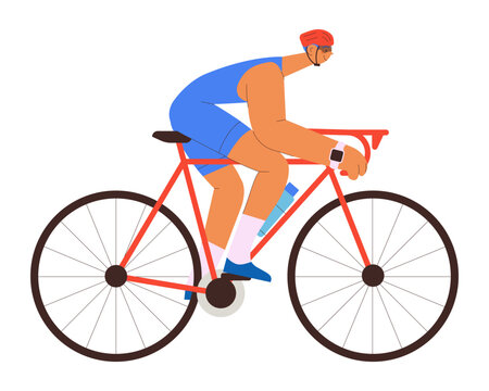 Male cyclist riding bicycle wearing helmet and sport watch outdoor activity. Men cyclist do physical activity with wearable sport device. Colorful flat vector illustration on a white background.