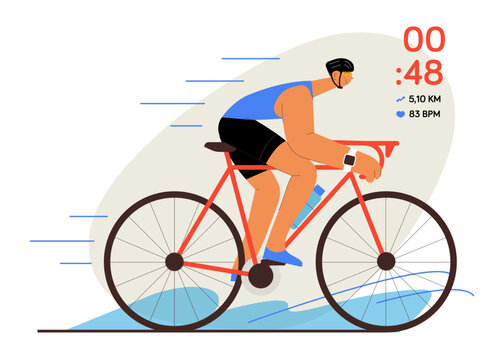 Male cyclist riding bicycle wearing helmet and wearing smart watch outdoor activity. Time data and clock icon. Wearable sport device. Flat vector illustration on a colorful background.