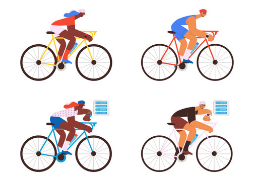 Set of male and female cyclist riding bicycle wearing helmet and checking his smart watch outdoor activity. Imitation of a glass screen projection with sport data. Wearable sport device. 