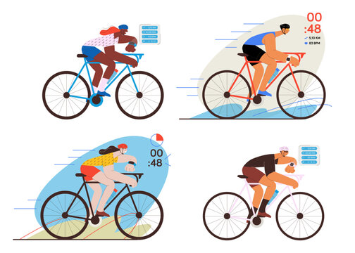 Set of male and female cyclist riding bicycle wearing helmet and checking his smart watch outdoor activity. Imitation of a glass screen projection with sport data. Wearable sport device. 