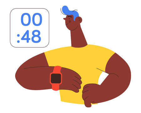 Happy male wearing smart watch. Projection of a watch screen with training activity load. Fitness tracker. Colorful flat vector illustration on a white background.