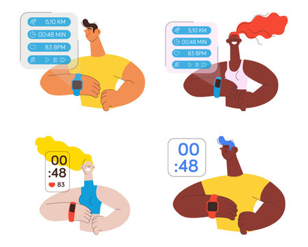Set of happy smiling females and males wearing smart watch or band. Projection of a watch screen with training activity load. Fitness tracker. Colorful flat vector illustration on a white background.