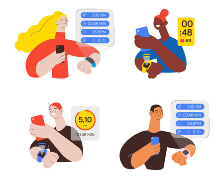 Set of happy male and female  wearing smart watch or band, holding smartphone. Projection of a watch screen with training activity load. Wireless fitness tracker. Flat vector illustration.