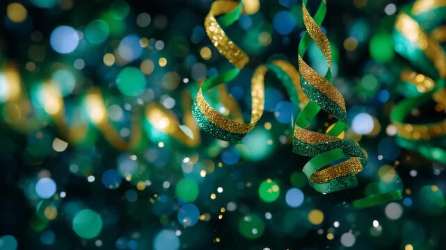 Macro of green and gold streamers, curling in festive pattern, shallow depth of field, sparkling highlights