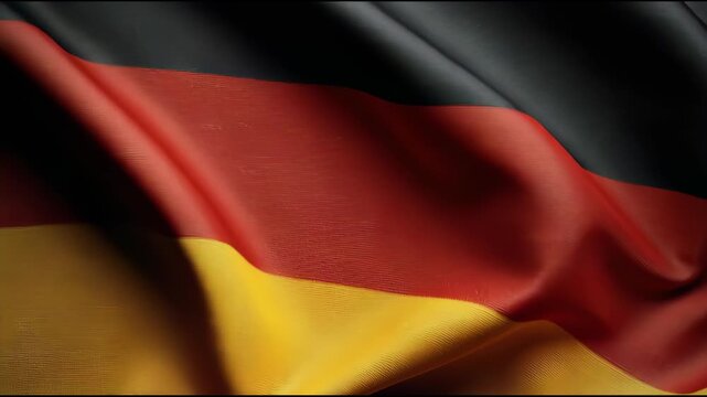 Close-up of the German flag waving with black, red, and yellow colors against a white background.