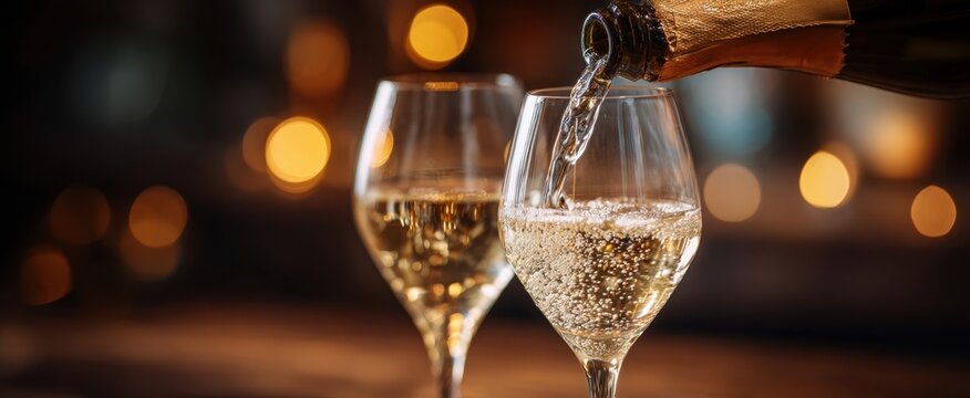 The Champagne Glasses Being Poured with Bubbly in Warm Festive Setting