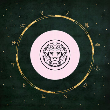 Artistic representation of the leo zodiac sign emblem featuring a stylized lion head inside concentric circles against a dark celestial background