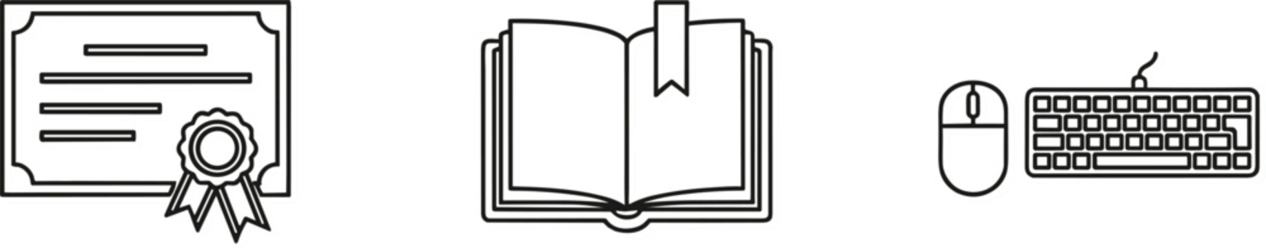 Education learning and certification icon set online study diploma book computer keyboard symbols minimal outline vector illustration