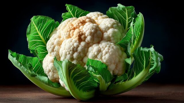 Fresh cauliflower with vibrant green leaves displayed on a wooden surface, showcasing the natural texture and color variations of the vegetable in a well-lit setting
