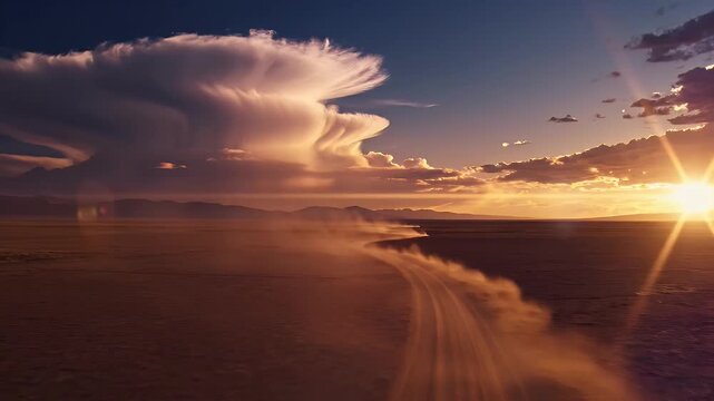 Desert road at sunset with a massive cloud formation and sun rays