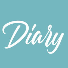 Fototapeta premium Elegant white script calligraphy word diary featuring beautiful flowing cursive lettering set against a solid calming teal blue background for journaling themes.
