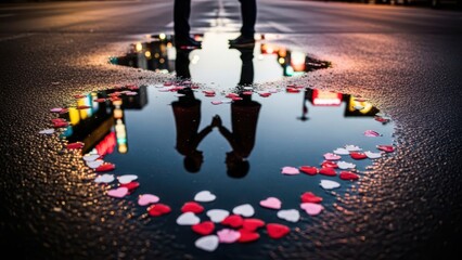 Obraz premium Couple Holding Hands Reflected in Puddle with Heart Confetti on Wet Street at Dusk Stock Media