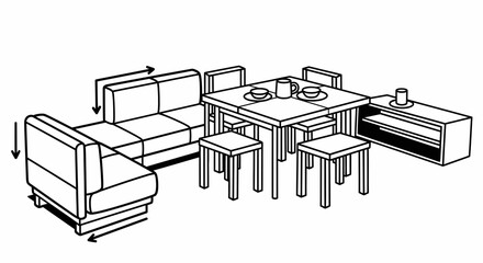 Line Drawing of Modern Living Room Furniture.