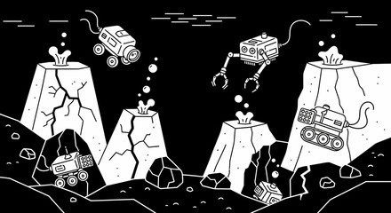 Underwater Robots Exploring Seafloor with Equipment.