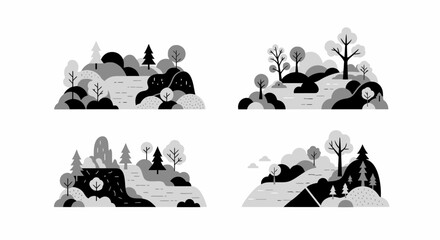 Winter Landscape Illustration Set with Snow Trees.