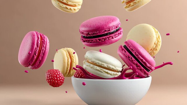 Colorful macarons in mid-air above a white bowl, splashes of pink liquid surrounding them, with fresh raspberries adding vibrant detail to the dessert scene