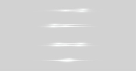 Realistic horizontal white lens flare light leaks and glowing neon streaks on grey background vector illustration.