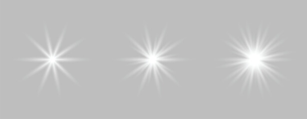 Realistic white starburst lens flare light effects set, glowing bright sparkle sunbeam sparkles on transparent background vector illustration.