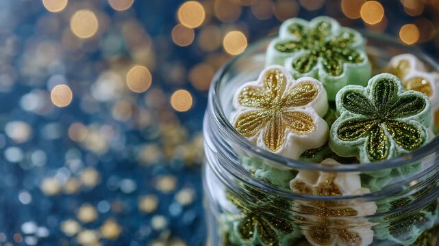 Shamrock-shaped candies in glass jar, green, white, and gold colors, close-up festive composition