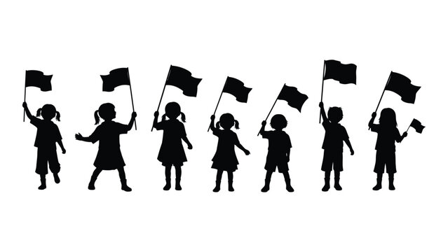 Silhouette of diverse group of people holding flags in a line. Vector