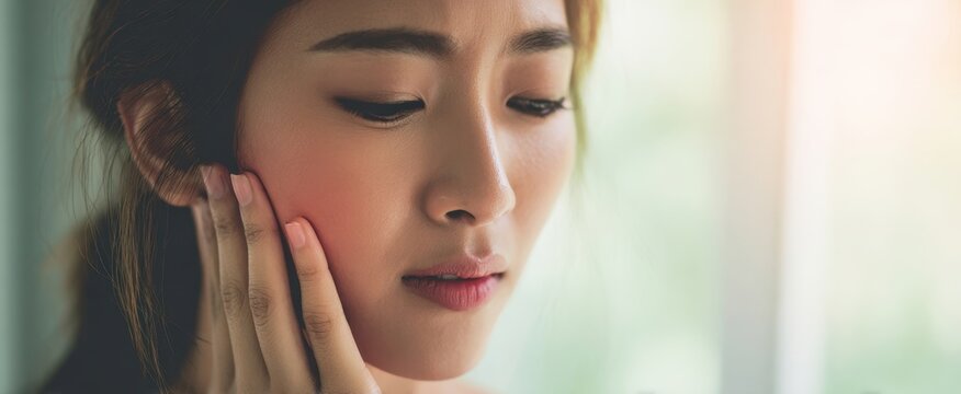 The woman holding her cheek in pain in a softly lit close up portrait